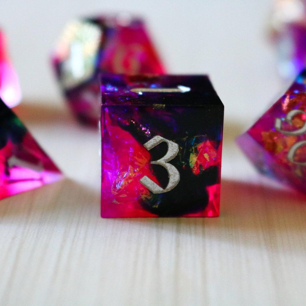 Pink/Silver Handmade Sharp Edge Resin DND Dice Set (ONLINE ORDER ONLY)
