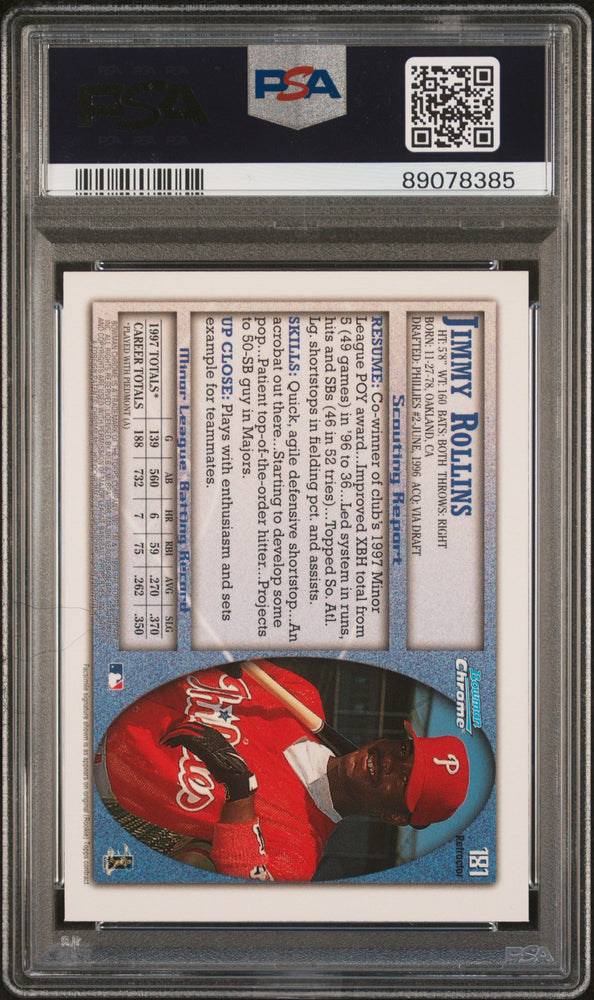 Graded 1998 Topps Bowman Chrome Jimmy Rollins #181 Refractor Rookie RC Baseball Card PSA 10 Gem Mint (ONLINE ORDER ONLY)