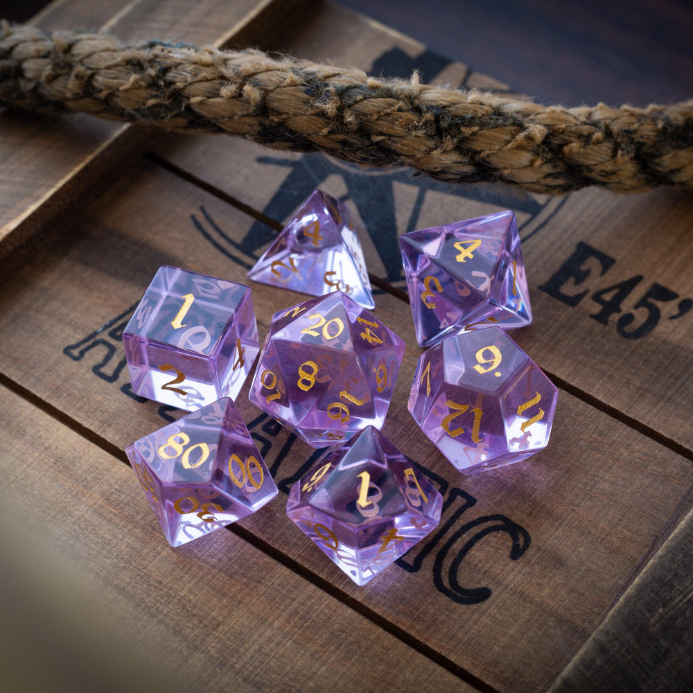 Purple Zircon Glass Hand Carved DND Dice Set (ONLINE ORDER ONLY)
