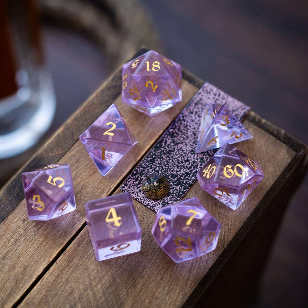 Purple Zircon Glass Hand Carved DND Dice Set (ONLINE ORDER ONLY)