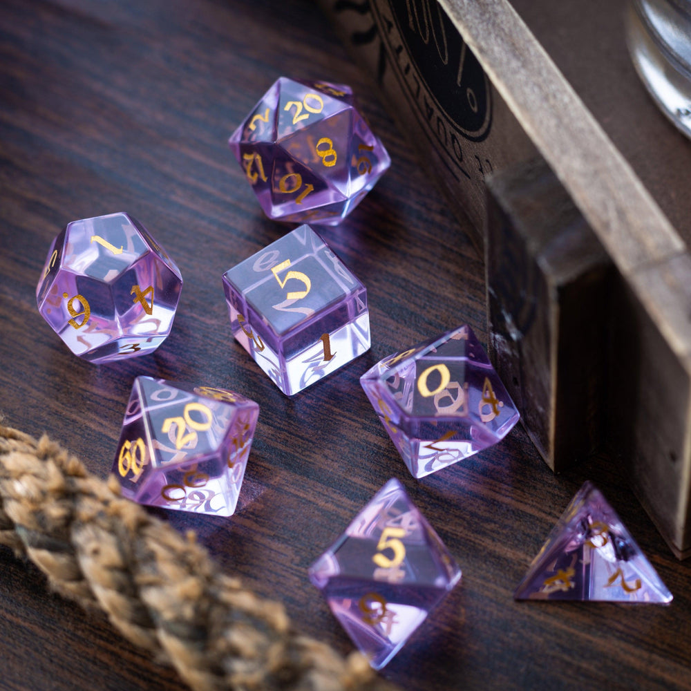 Purple Zircon Glass Hand Carved DND Dice Set (ONLINE ORDER ONLY)