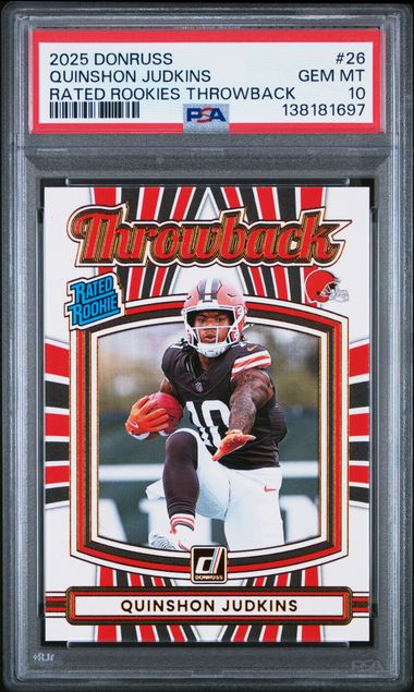 Graded 2025 Panini Donruss Quinshon Judkins #26 Rated Rookies Throwback Rookie RC Football Card PSA 10 Gem Mint (ONLINE ORDER ONLY)
