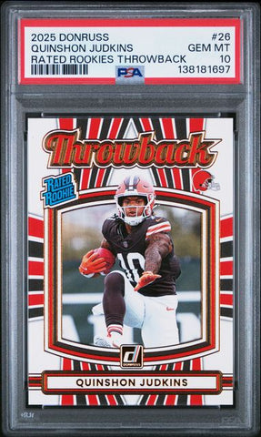 Graded 2025 Panini Donruss Quinshon Judkins #26 Rated Rookies Throwback Rookie RC Football Card PSA 10 Gem Mint (ONLINE ORDER ONLY)