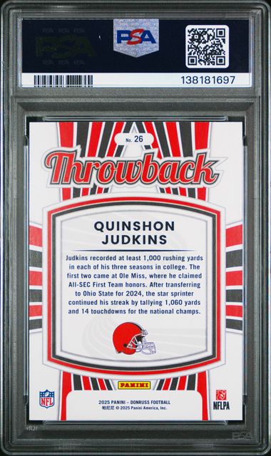 Graded 2025 Panini Donruss Quinshon Judkins #26 Rated Rookies Throwback Rookie RC Football Card PSA 10 Gem Mint (ONLINE ORDER ONLY)