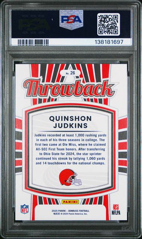 Graded 2025 Panini Donruss Quinshon Judkins #26 Rated Rookies Throwback Rookie RC Football Card PSA 10 Gem Mint (ONLINE ORDER ONLY)