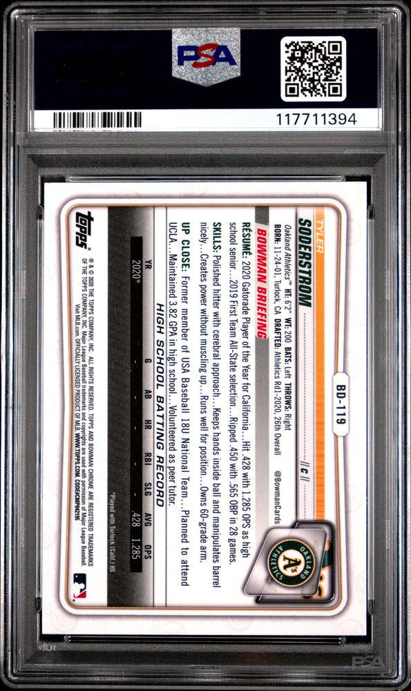 Graded 2020 Topps Bowman Draft Tyler Soderstrom #BD119 Chrome Rookie RC Baseball Card PSA 9 Mint (ONLINE ORDER ONLY)