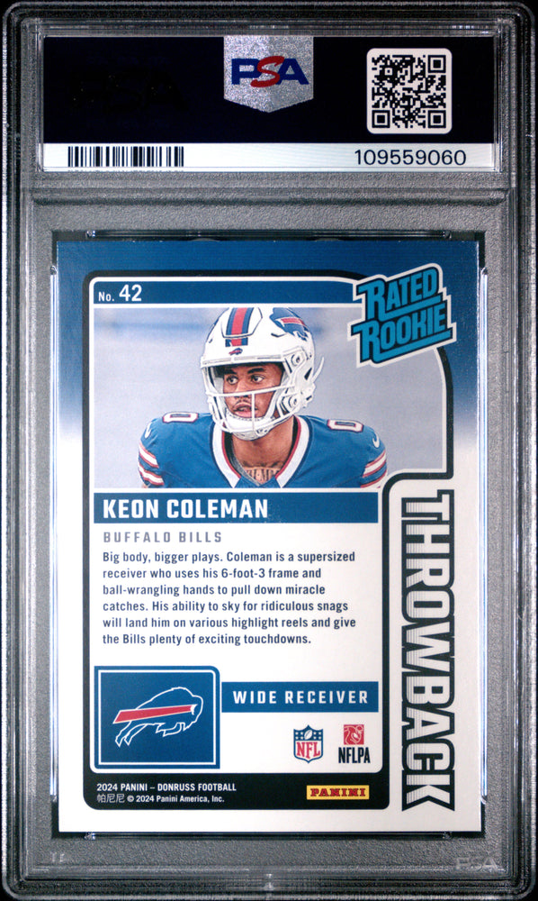 Graded 2024 Panini Donruss Keon Coleman #42 Rated Rookies Throwback Rookie RC Football Card PSA 10 Gem Mint (ONLINE ORDER ONLY)