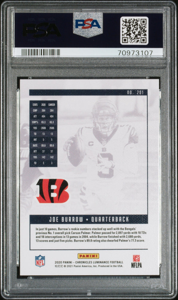 Graded 2020 Panini Chronicles Joe Burrow #201 Luminance Rookie RC Football Card PSA 10 Gem Mint (ONLINE ORDER ONLY)