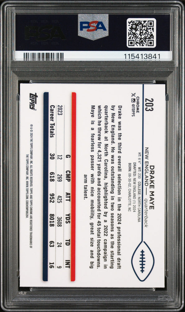 Graded 2024 Topps Chrome Drake Maye #203 Rookie RC Football Card PSA 10 Gem Mint (ONLINE ORDER ONLY)