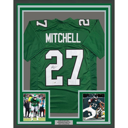 Framed Autographed/Signed Quinyon Mitchell 35x39 Philadelphia Kelly Green Football Jersey JSA COA