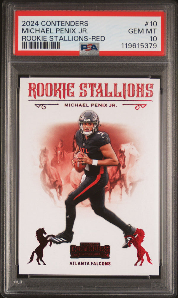Graded 2024 Panini Contenders Michael Penix Jr #10 Rookie Stallions Red Rookie RC Football Card PSA 10 Gem Mint (ONLINE ORDER ONLY)