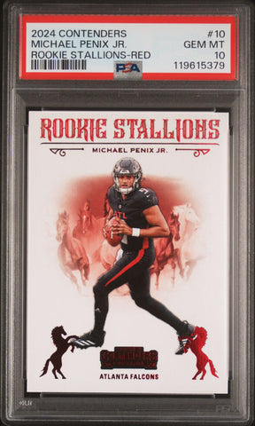 Graded 2024 Panini Contenders Michael Penix Jr #10 Rookie Stallions Red Rookie RC Football Card PSA 10 Gem Mint (ONLINE ORDER ONLY)