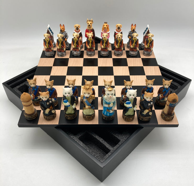 Chess Set - Cats & Dogs Resin Chessmen on Black/Maple Chest (ONLINE ORDER ONLY)