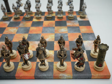 Chess Set - Painted Resin Medieval Knights Pieces on Fire & Dusky Black Faux Leatherette Chess Board (ONLINE ORDER ONLY)