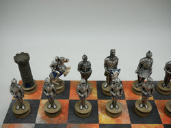 Chess Set - Painted Resin Medieval Knights Pieces on Fire & Dusky Black Faux Leatherette Chess Board (ONLINE ORDER ONLY)