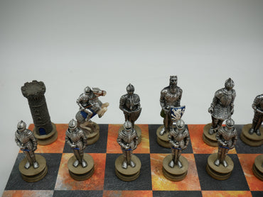 Chess Set - Painted Resin Medieval Knights Pieces on Fire & Dusky Black Faux Leatherette Chess Board (ONLINE ORDER ONLY)
