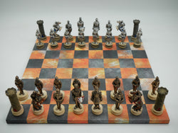 Chess Set - Painted Resin Medieval Knights Pieces on Fire & Dusky Black Faux Leatherette Chess Board (ONLINE ORDER ONLY)