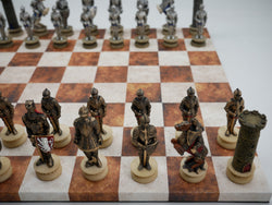 Chess Set - Painted Resin Medieval Knights Pieces on Caramel & Cream Faux Leatherette Chess Board (ONLINE ORDER ONLY)