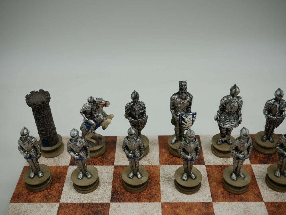 Chess Set - Painted Resin Medieval Knights Pieces on Caramel & Cream Faux Leatherette Chess Board (ONLINE ORDER ONLY)