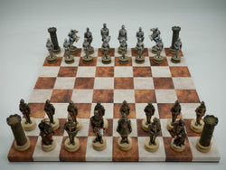Chess Set - Painted Resin Medieval Knights Pieces on Caramel & Cream Faux Leatherette Chess Board (ONLINE ORDER ONLY)