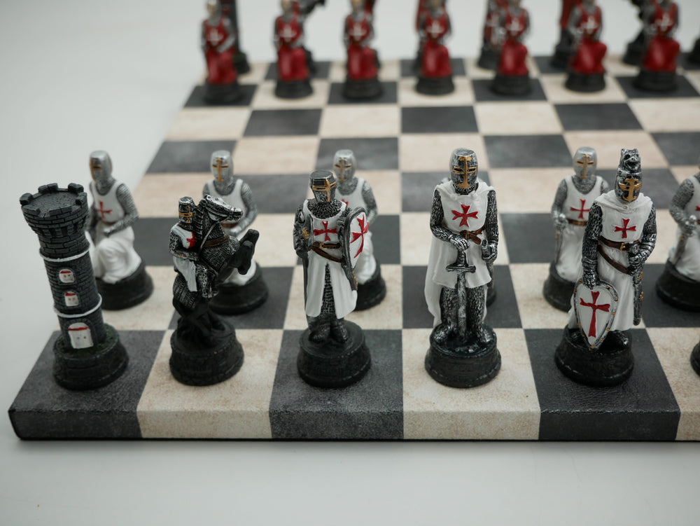 Chess Set - Crusades Chessmen on Black & Cream Faux Leatherette Chess Board (ONLINE ORDER ONLY)