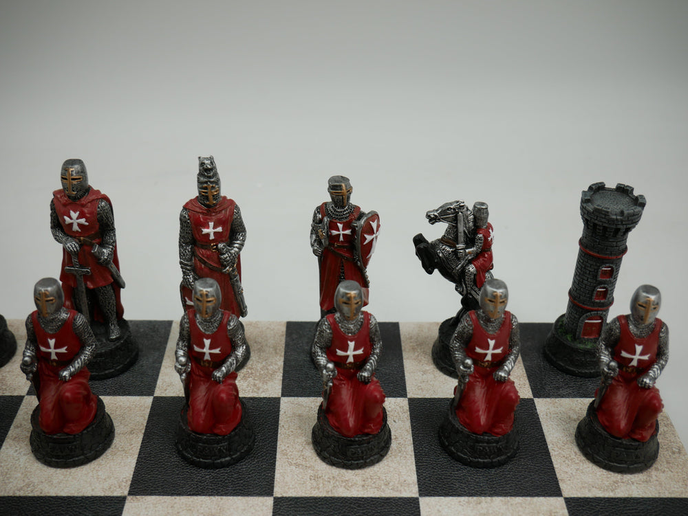 Chess Set - Crusades Chessmen on Black & Cream Faux Leatherette Chess Board (ONLINE ORDER ONLY)