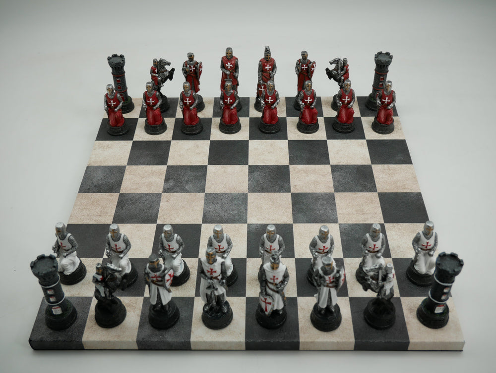 Chess Set - Crusades Chessmen on Black & Cream Faux Leatherette Chess Board (ONLINE ORDER ONLY)