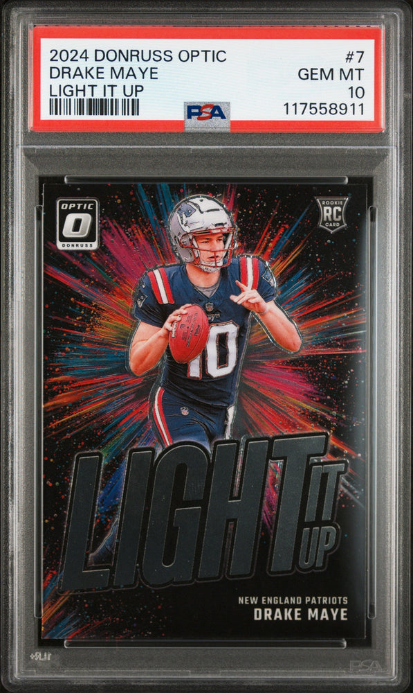 Graded 2024 Panini Donruss Optic Drake Maye #7 Light It Up Rookie RC Football Card PSA 10 Gem Mint (ONLINE ORDER ONLY)
