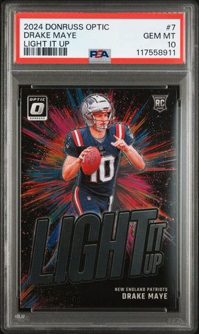 Graded 2024 Panini Donruss Optic Drake Maye #7 Light It Up Rookie RC Football Card PSA 10 Gem Mint (ONLINE ORDER ONLY)
