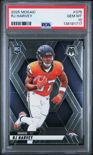 Graded 2025 Panini Mosaic RJ Harvey #375 Rookie RC Football Card PSA 10 Gem Mint (ONLINE ORDER ONLY)