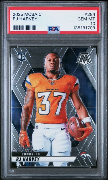 Graded 2025 Panini Mosaic RJ Harvey #284 Variation Rookie RC Football Card PSA 10 Gem Mint (ONLINE ORDER ONLY)