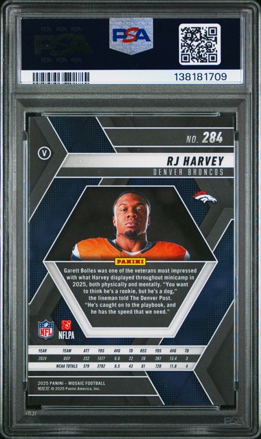 Graded 2025 Panini Mosaic RJ Harvey #284 Variation Rookie RC Football Card PSA 10 Gem Mint (ONLINE ORDER ONLY)