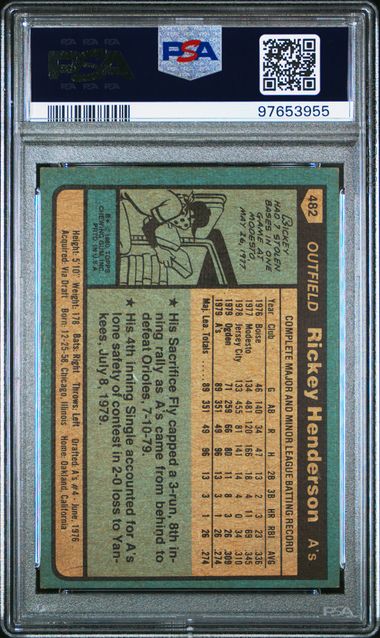 Graded 1980 Topps Rickey Henderson #482 Rookie RC Baseball Card PSA 6 EX-MT (ONLINE ORDER ONLY)