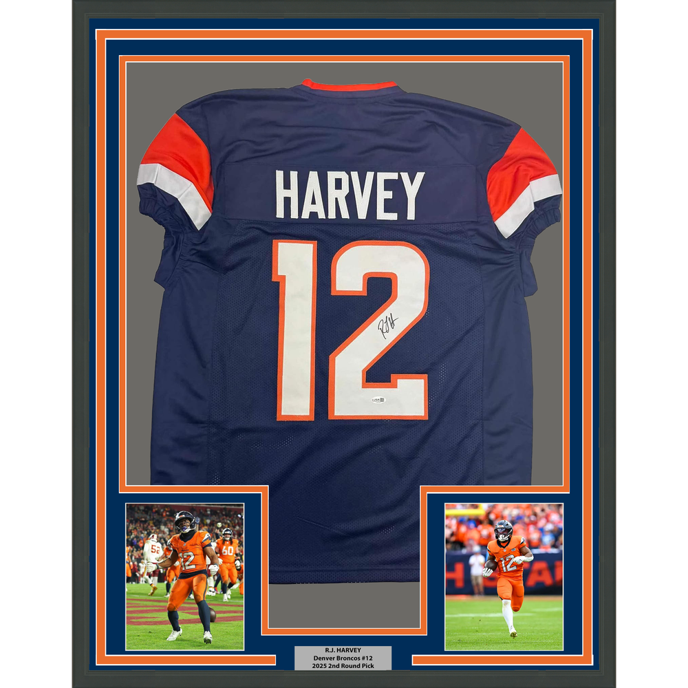 Framed Autographed/Signed R.J RJ Harvey 35x39 Denver Blue Football Jersey JSA COA