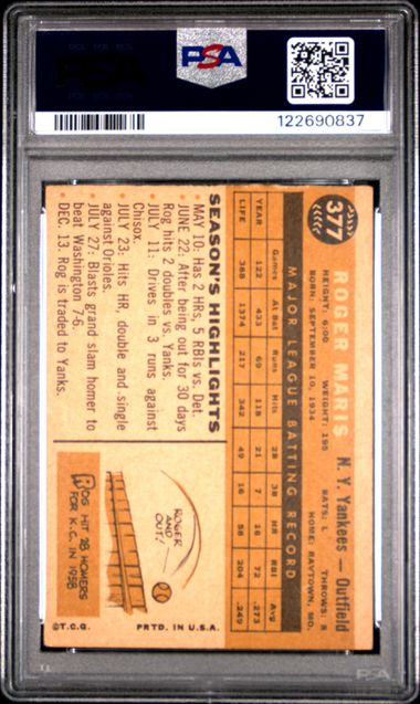 Graded 1960 Topps Roger Maris #377 Baseball Card PSA 4 VG-EX (ONLINE ORDER ONLY)