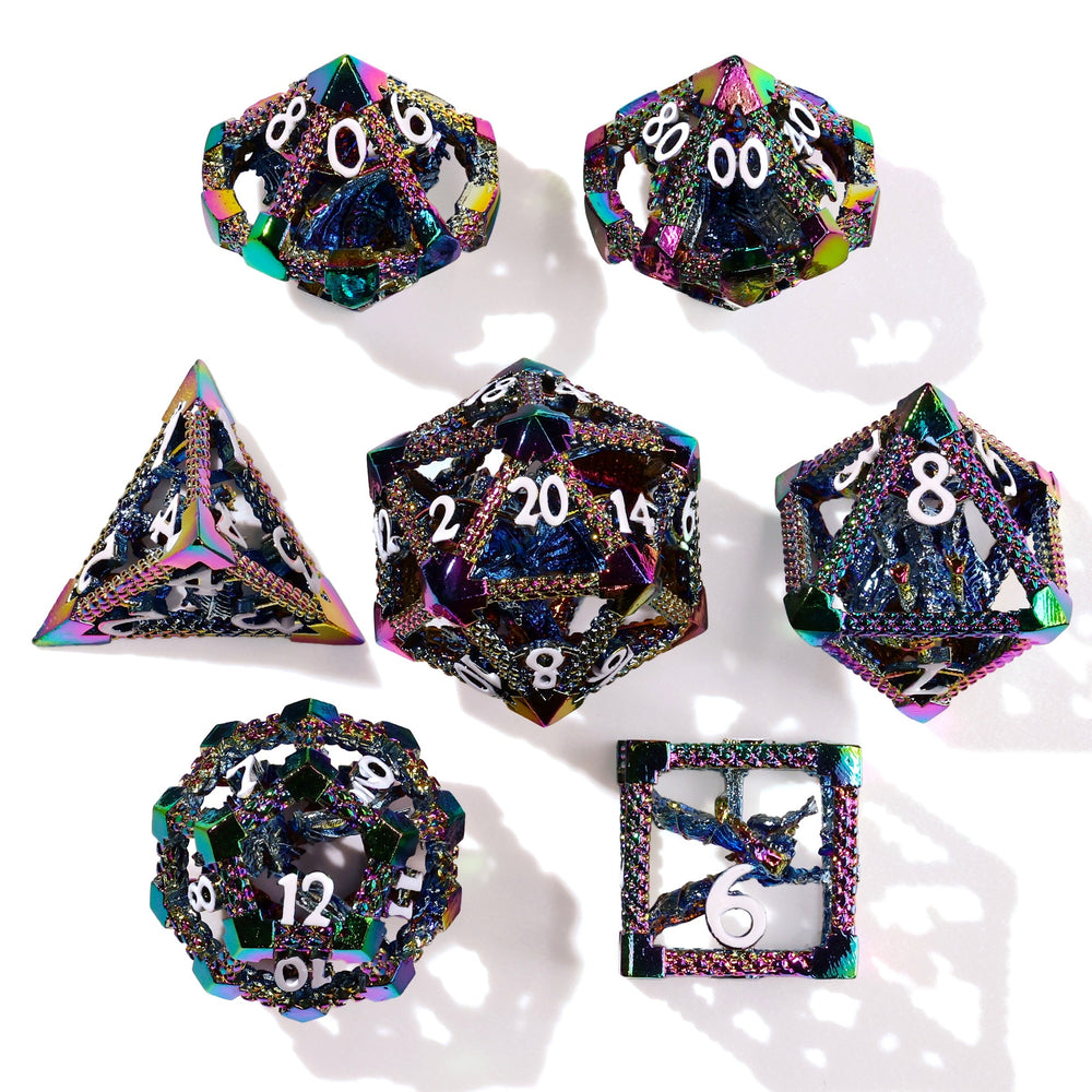 Miniature Rainbow Dragon Metal RPG Dice Set | 7 Pieces