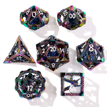Miniature Rainbow Dragon Metal RPG Dice Set | 7 Pieces