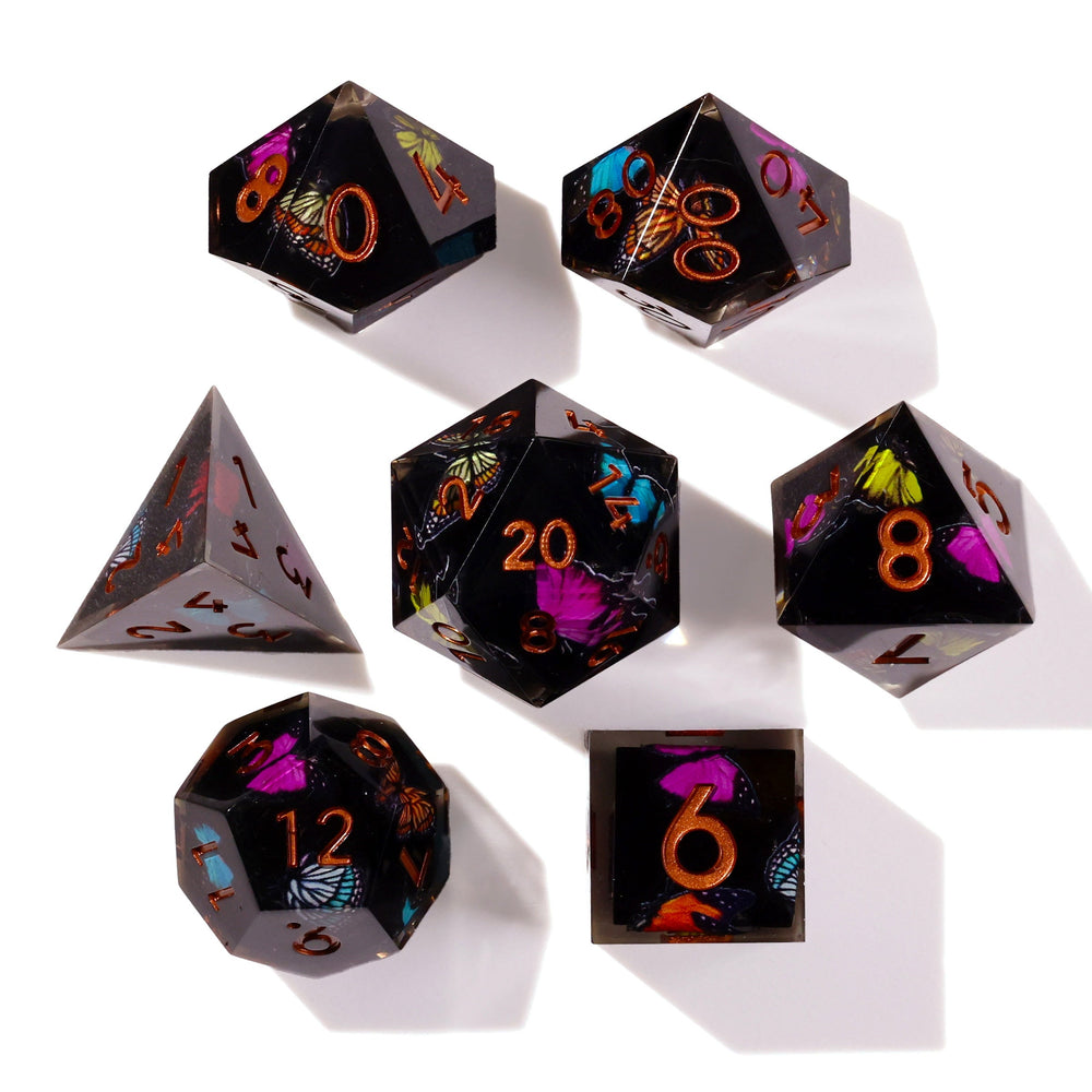 Black Butterfly Sharp Edge RPG Dice Set | 7 Pieces