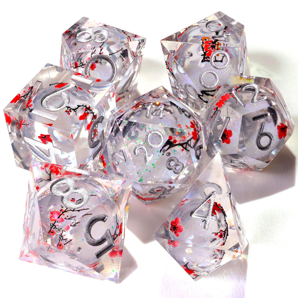 Winter Cherry Blossom Liquid Core RPG Dice Set | 7 Pieces