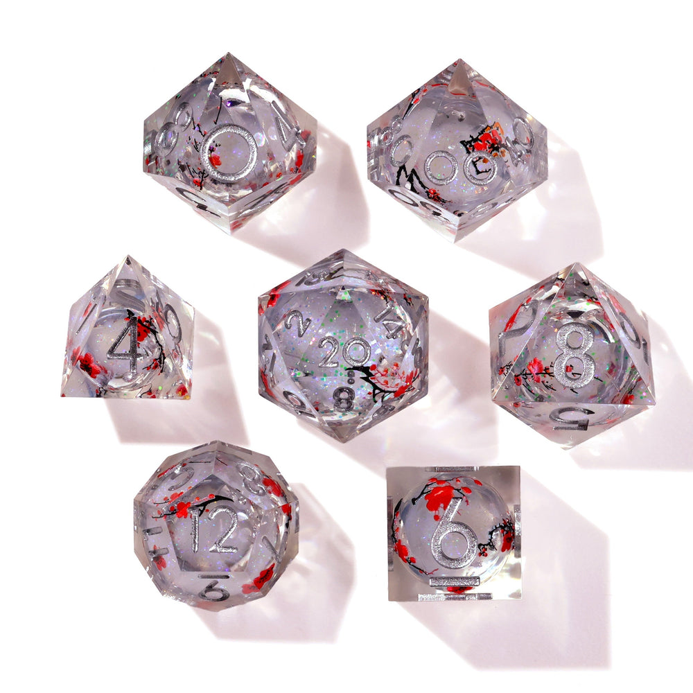 Winter Cherry Blossom Liquid Core RPG Dice Set | 7 Pieces