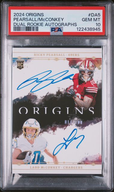 Graded 2024 Panini Origins Ricky Pearsall Ladd McConkey #DA5 14/100 Dual Rookie Autographs Rookie RC Football Card PSA 10 Gem Mint (ONLINE ORDER ONLY)