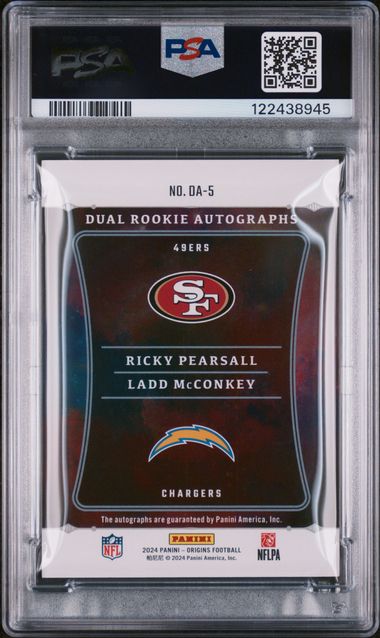 Graded 2024 Panini Origins Ricky Pearsall Ladd McConkey #DA5 14/100 Dual Rookie Autographs Rookie RC Football Card PSA 10 Gem Mint (ONLINE ORDER ONLY)