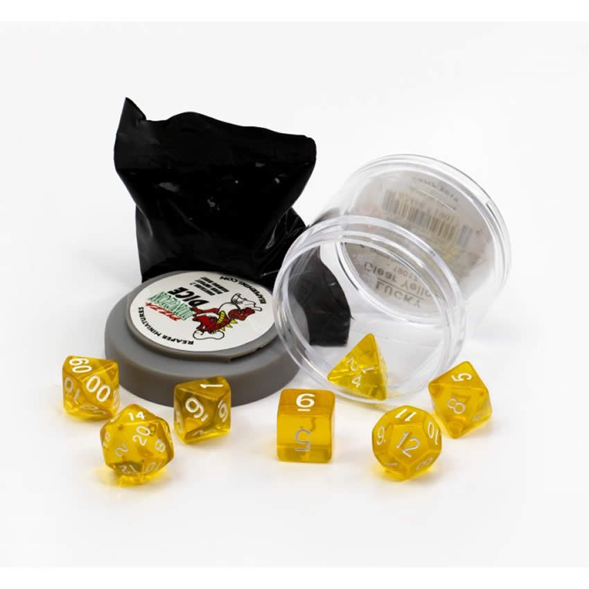 RPR19017 Clear Yellow Lucky Dice Set 16mm Dungeon Dice Random Miniature Included (ONLINE ORDER ONLY)