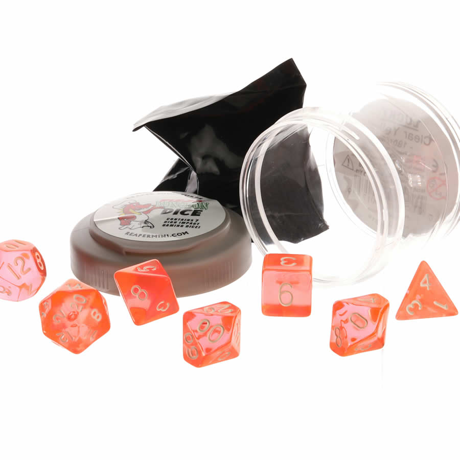 RPR19018 Clear Orange Lucky Dice Set 16mm (5/8 inch) Dungeon Dice with Random Miniature Included (ONLINE ORDER ONLY)