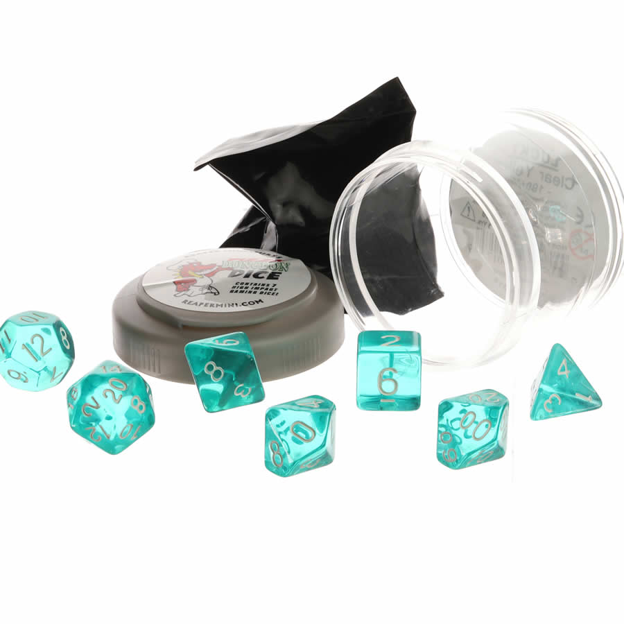 RPR19020 Clear Teal Lucky Dice Set 16mm (5/8 inch) Dungeon Dice with Random Miniature Included Reaper Miniatures (ONLINE ORDER ONLY)