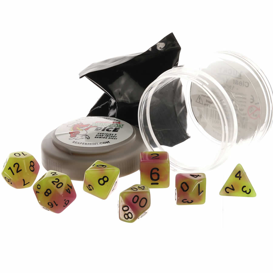 RPR19036 Yellow and Purple Glow Dice Set 16mm (5/8 inch) Dungeon Dice with Random Miniature Included Reaper Miniatures (ONLINE ORDER ONLY)
