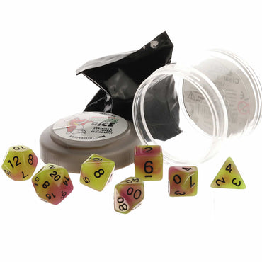 RPR19036 Yellow and Purple Glow Dice Set 16mm (5/8 inch) Dungeon Dice with Random Miniature Included Reaper Miniatures (ONLINE ORDER ONLY)