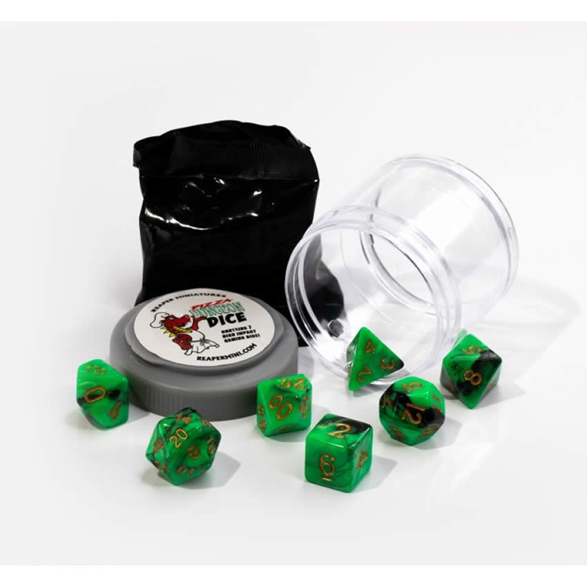 RPR19056 Green and Black Dual Color Dice Set 16mm Dungeon Dice Random Miniature Included (ONLINE ORDER ONLY)