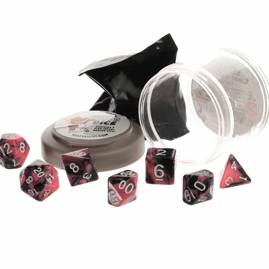 RPR19059 Pink and Black Dual Color Dice Set 16mm (5/8 inch) Dungeon Dice with Random Miniature Included Reaper Miniatures (ONLINE ORDER ONLY)