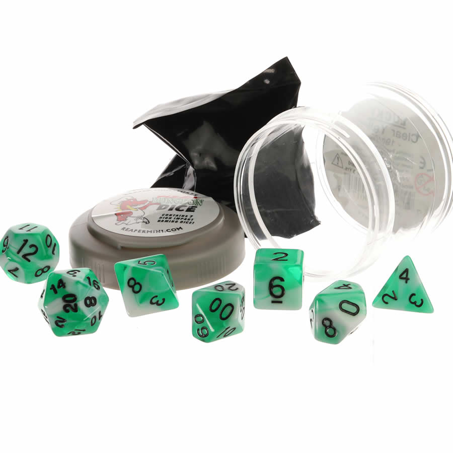 RPR19062 Teal and White Dual Color Dice Set 16mm (5/8 inch) Dungeon Dice with Random Miniature Included Reaper Miniatures (ONLINE ORDER ONLY)